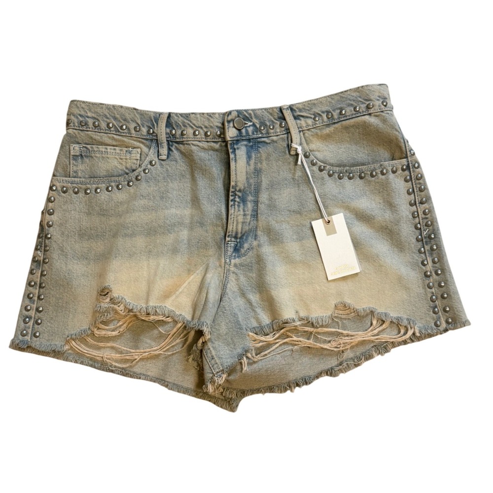 Good American Good 90s Studded Shorts Womens 10/30 Indigo Light Wash NWT Denim